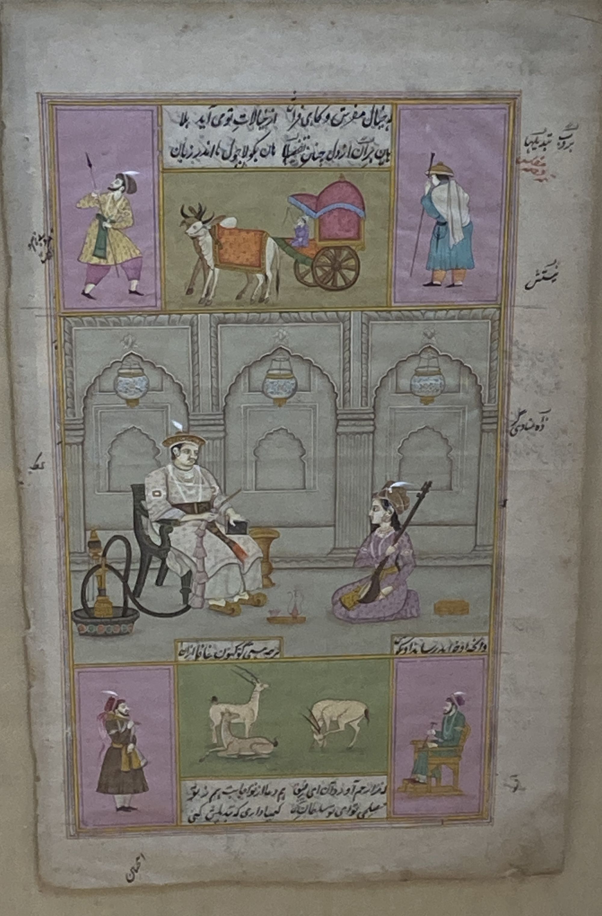 A set of three Indian miniature paintings, Mughal style, on inscribed pages, Interiors with noblemen, overall 34.5 x 20cm and 20 x 34.5